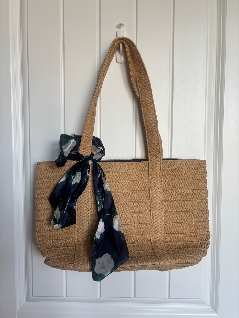 Draper James Natural Woven Tote with Navy Floral Scarf